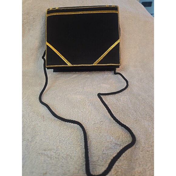 Ivana Trump Shoulder Bag Box Purse Book Design Black/Gold Satin - Picture 1 of 8